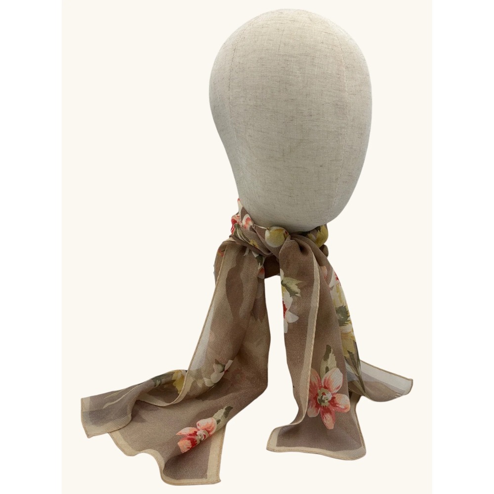 Adrienne Vittadini Silk Scarf Floral Print Taupe Brown Sheer Chiffon Rectangle